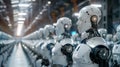 Row of Advanced Humanoid Robots in a Production Facility