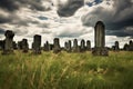 a row of aged gravestones under a cloudy sky Royalty Free Stock Photo