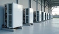 Row of air conditioning units stand outside modern building. Cooling system provides temperature control. Climate tech solution Royalty Free Stock Photo