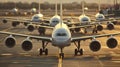 A row of airplanes parked in airport. Vanishing point image of endless row of passenger jets