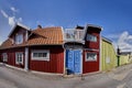 Row of ancient colorful wooden houses in the city