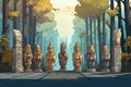 a row of ancient stone statues flanking a dark forest avenue