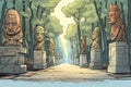 a row of ancient stone statues flanking a dark forest avenue