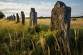 a row of ancient, weather-beaten gravestones in tall, wild grass Royalty Free Stock Photo