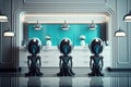 row of androids, each with their own unique design and personality, cleaning different rooms in futuristic home