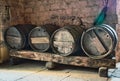 Row of antique barrels for wooden wine Royalty Free Stock Photo