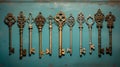 row of antique keys on old turquoise wooden surface