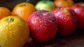 A row of apples and oranges with water droplets on them, AI Royalty Free Stock Photo