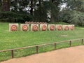 Row of archery targets in green field, forest in background Royalty Free Stock Photo
