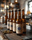 Row of artisanal beer bottles with custom labels, set on a rustic table with hops and brewing equipment in the background Warm,