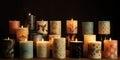 A row of artisanal, hand-poured candles with a variety of natural scents and designs, concept of Handmade crafts