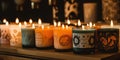 A row of artisanal, hand-poured candles with a variety of natural scents and designs, concept of Handmade crafts