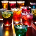 Row of assorted colorful cold drinks, summer party refreshment at bar