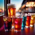 Row of assorted colorful cold drinks, summer party refreshment at bar