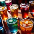 Row of assorted colorful cold drinks, summer party refreshment at bar