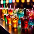 Row of assorted colorful cold drinks, summer party refreshment at bar