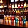 Row of assorted colorful cold drinks, summer party refreshment at bar