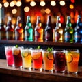 Row of assorted colorful cold drinks, summer party refreshment at bar