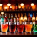 Row of assorted colorful cold drinks, summer party refreshment at bar