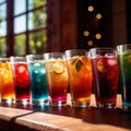 Row of assorted colorful cold drinks, summer party refreshment at bar