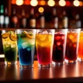 Row of assorted colorful cold drinks, summer party refreshment at bar