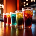 Row of assorted colorful cold drinks, summer party refreshment at bar