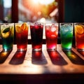 Row of assorted colorful cold drinks, summer party refreshment at bar