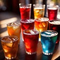 Row of assorted colorful cold drinks, summer party refreshment at bar