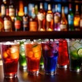 Row of assorted colorful cold drinks, summer party refreshment at bar