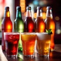 Row of assorted colorful cold drinks, summer party refreshment at bar