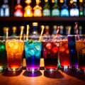 Row of assorted colorful cold drinks, summer party refreshment at bar