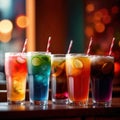 Row of assorted colorful cold drinks, summer party refreshment at bar