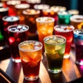 Row of assorted colorful cold drinks, summer party refreshment at bar