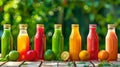 Colorful line of fresh fruit juices in glass bottles, outdoor setting. Vibrant health, natural refreshment on a sunny Royalty Free Stock Photo