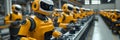 Row of automated orange robotic arms operating in a modern industrial factory production line,showcasing the advanced technology