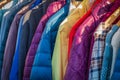 Row of autumn coats hanging on rack, shopping. Cloth shop, clothing store, female and male collection in a outfit store Royalty Free Stock Photo