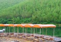 A row awnings near mountains and lake Royalty Free Stock Photo