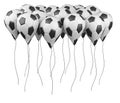 Row balloons in a form soccer balls with white and black segment. Big football feast, holiday