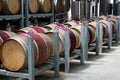 Row of barrels with red wine in a modern winery. Royalty Free Stock Photo