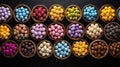 A row of baskets filled with colorful eggs on a black background, AI