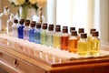 a row of bath oils and lotions arranged on a vanity Royalty Free Stock Photo