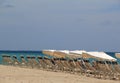 Row of beach chairs and shade umbrellas
