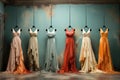 Row of Beautiful Luxury Colorful Dresses on Hangers in a Showroom extreme closeup. Generative AI Royalty Free Stock Photo