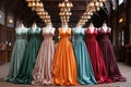 Row of Beautiful Luxury Colorful Dresses on Hangers in a Showroom extreme closeup. Generative AI Royalty Free Stock Photo