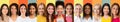 Row Of Beautiful Portraits With Happy Multiethnic Women, Colorful Backgrounds