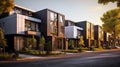 A row of beautifully designed multi-family houses on a quiet residential street