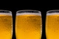 A row of beer glasses with beer on a black background. Space for text and logo. Drops of water trickle down the glass. Royalty Free Stock Photo