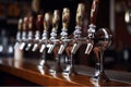 Row of beer taps on the counter in a pub, shallow depth of field. Selective focus. Generative AI Royalty Free Stock Photo