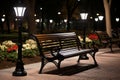 a row of benches in a park at night