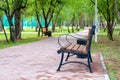 A row of benches with wooden seats in a park with trees Royalty Free Stock Photo